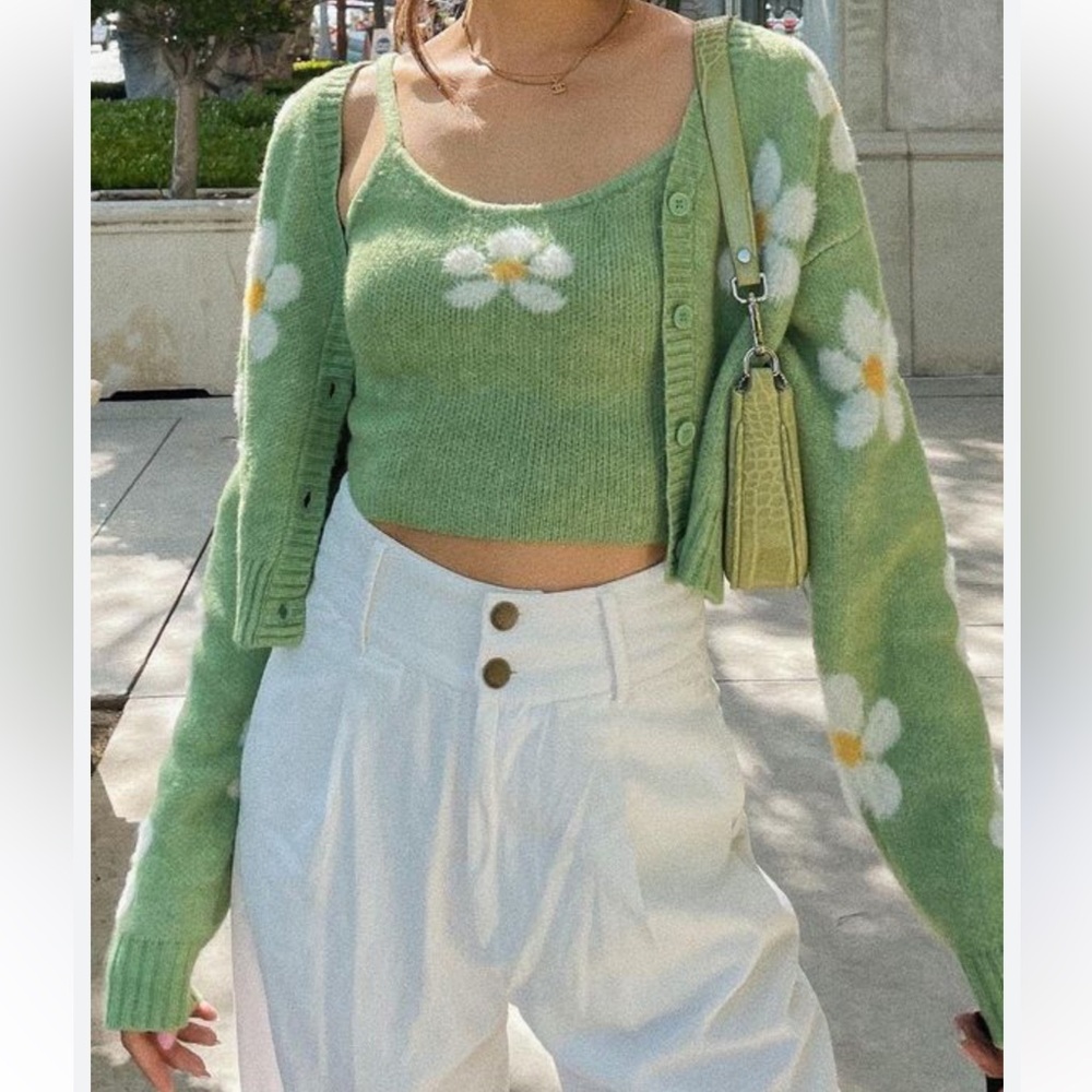 NWOT Floral Daisy Print Spring Cardigan Crop Cami Tank Top Set Rehab Lab Green M